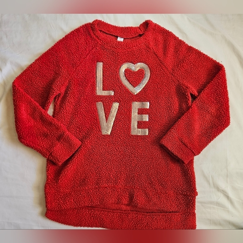 No Boundaries Juniors Red Fuzzy Silver Sequin Love Long Sleeve Sweater Size Med